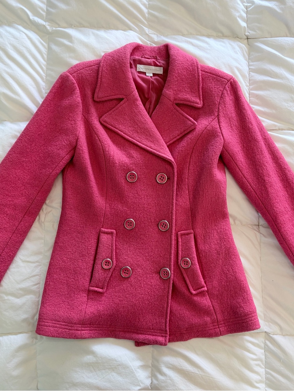 New York & Company Bright Pink Double-Breasted Peacoat